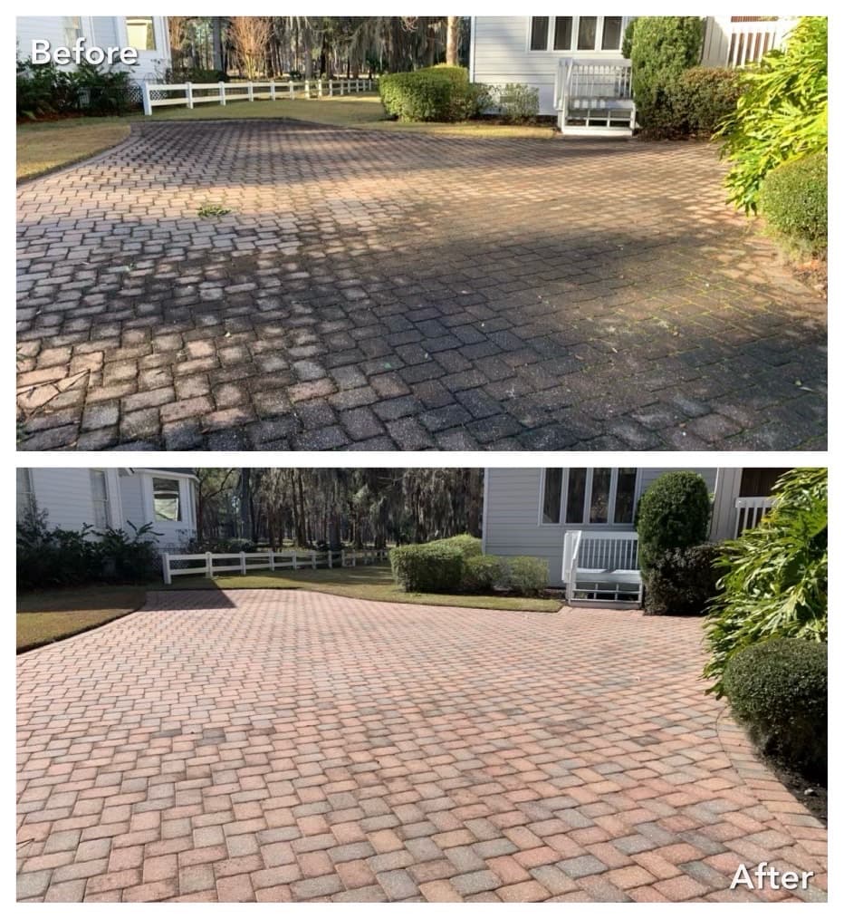 Neenah paver patio before and after organic algae and mold hot water extraction
